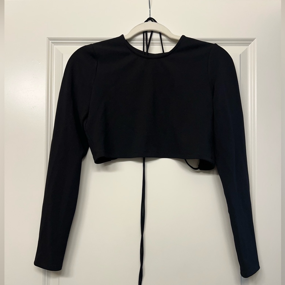 ZARA BLACK CROP TOP WITH CROSSOVER TIE LONG SLEEVE SIZE S